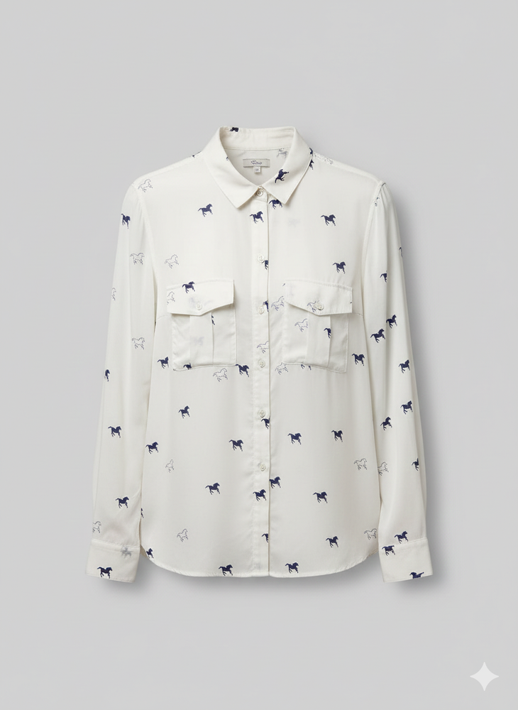 Rails Silk Shirt Top M White Navy Horses Equestrian Old Money Heritage Luxury