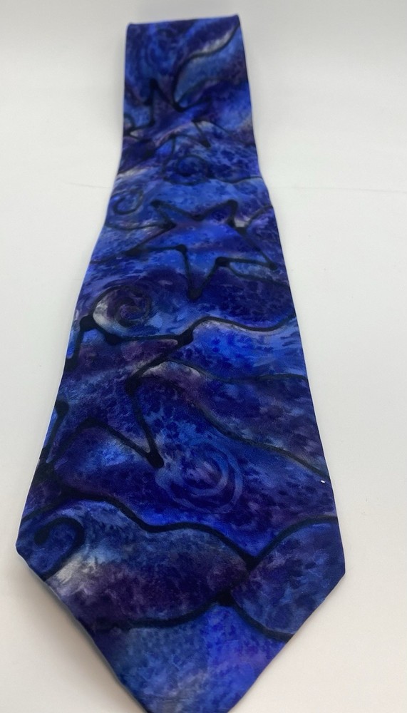 Robert Daskal Hand Painted 100% Silk Men's Tie Blue Abstract Hand Sewn
