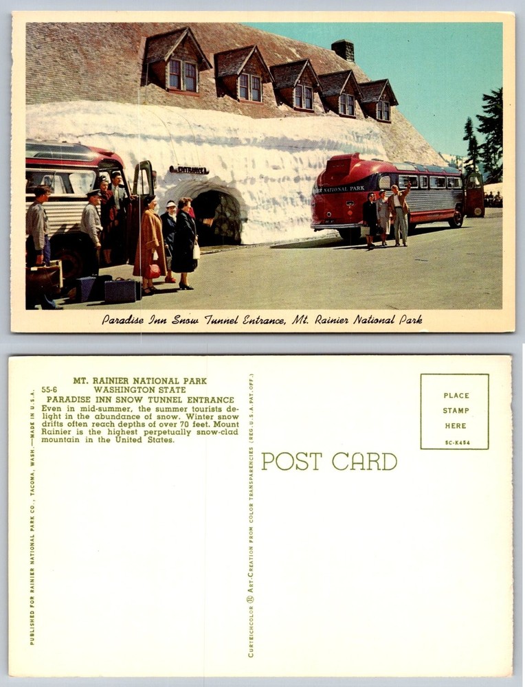 Paradise Inn Snow Tunnel Mt Rainier National Park WA Curteichcolor Postcard