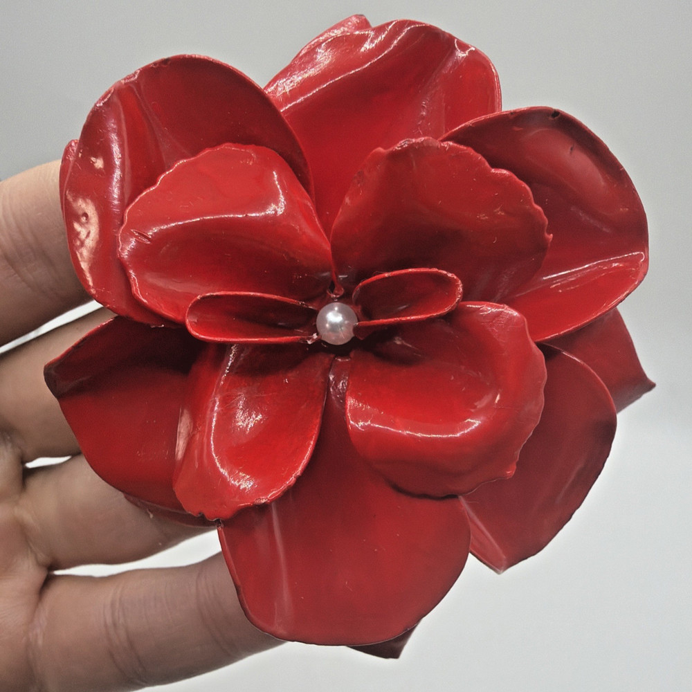 Vintage Red Enamel Rose Brooch Large Faux Pearl Center