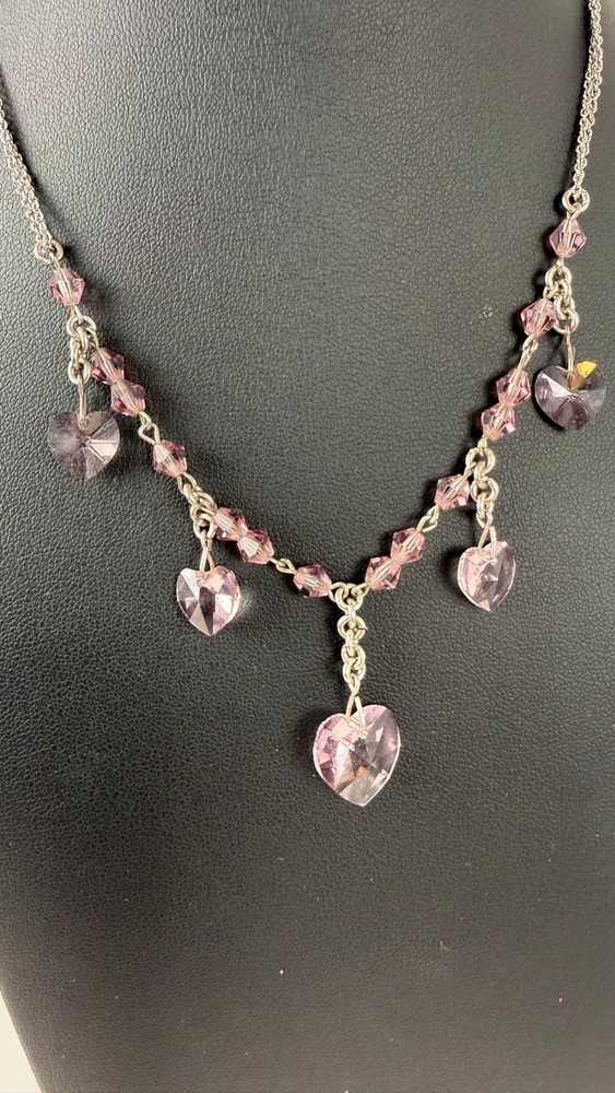 Vintage Pink Faceted Glass Crystal Beaded Heart Necklace | Choker 15