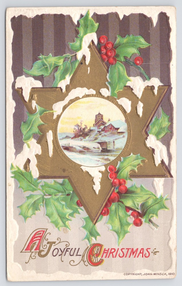 Christmas~Winter Scene In Icy Gold Star Of David~Holly~Emboss~John Winsch~Vtg PC