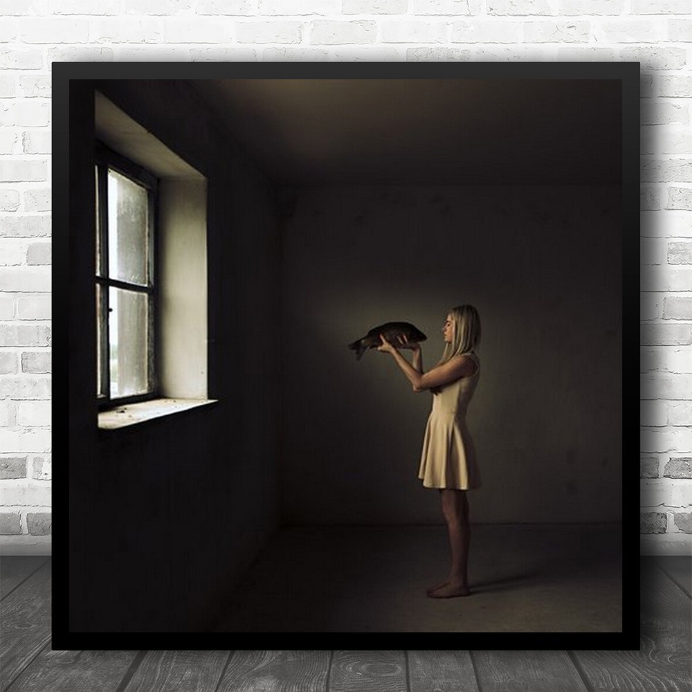 Model Portrait Fish Window Girl Woman Dress Conceptual Square Wall Art Print