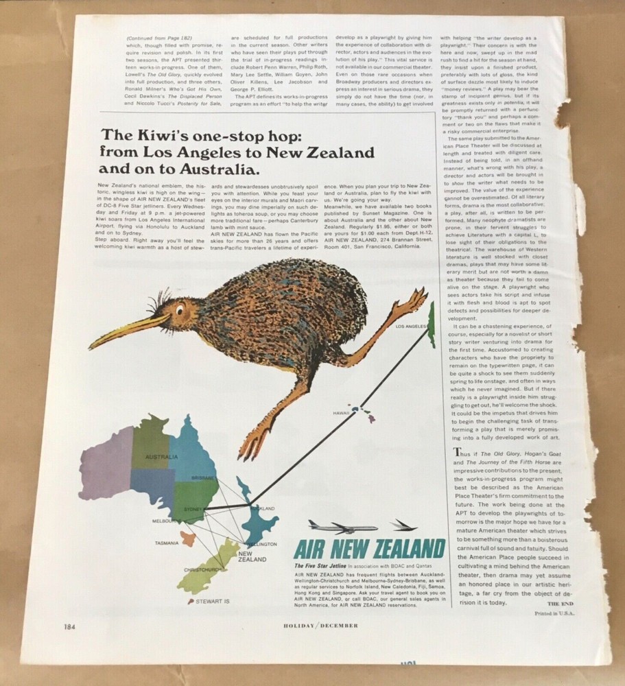 Air New Zealand print ad 1966 vintage 1960s retro art illustration kiwi bird
