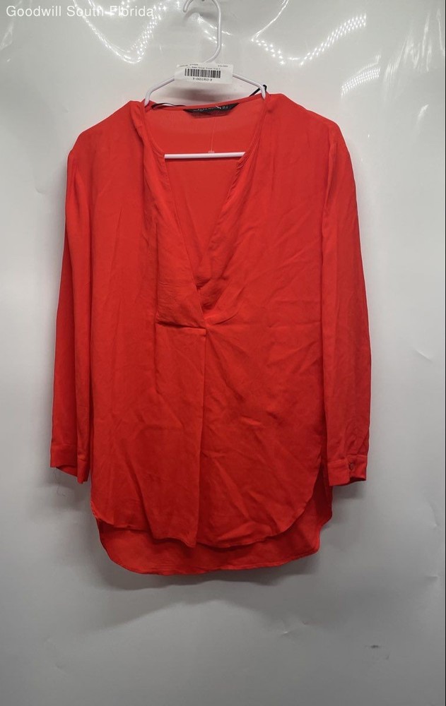 Zara Womens Orange Long Sleeve V-Neck Pullover Tunic Blouse Top Size 5