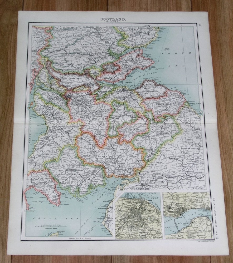1903 Antique Map Of Scotland Lowlands Edinburgh Glasgow Perth Lanark Ayr Fife