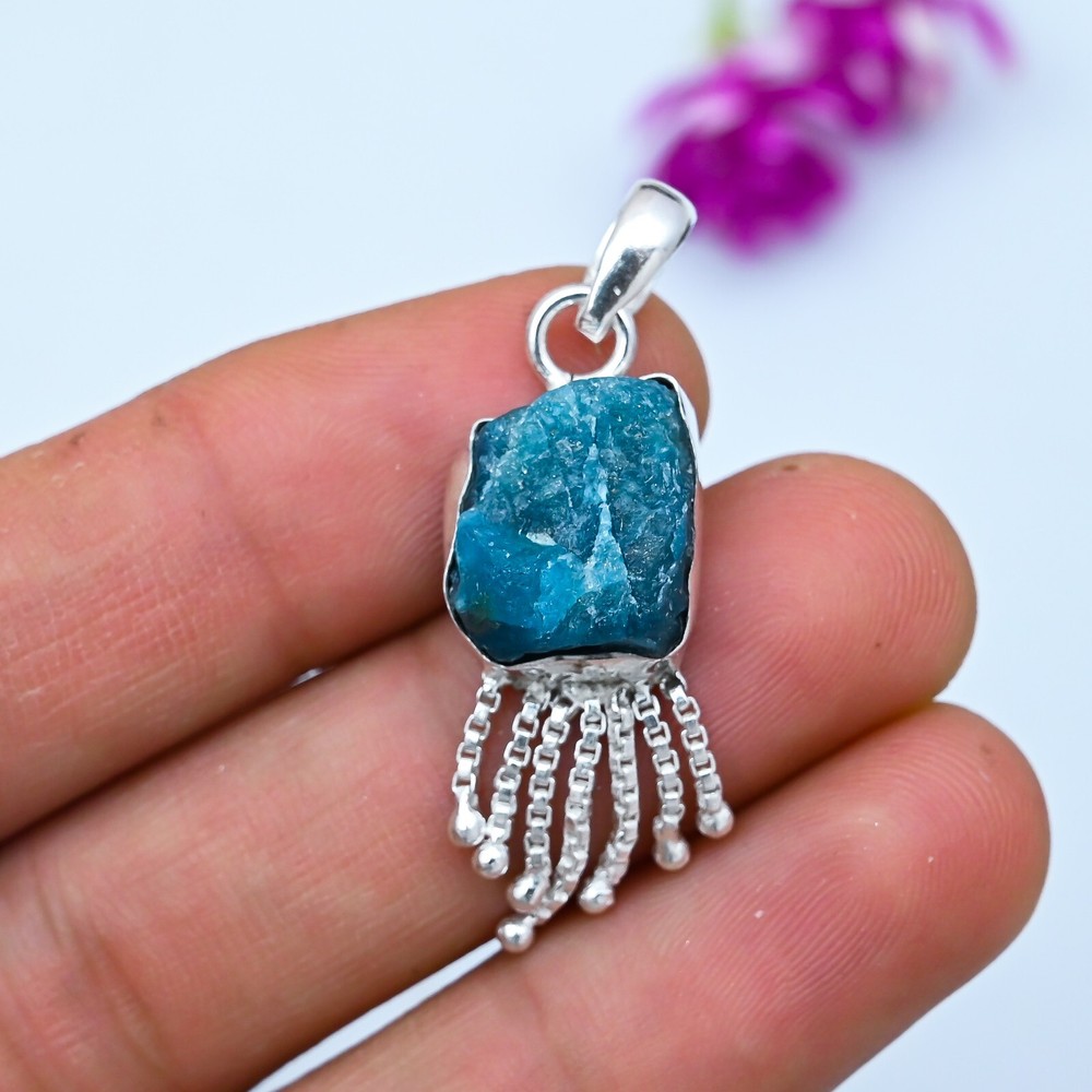 Raw Neon Blue Apatite Gemstone Pendant 925 Sterling Silver Handmade Jewelry Gift