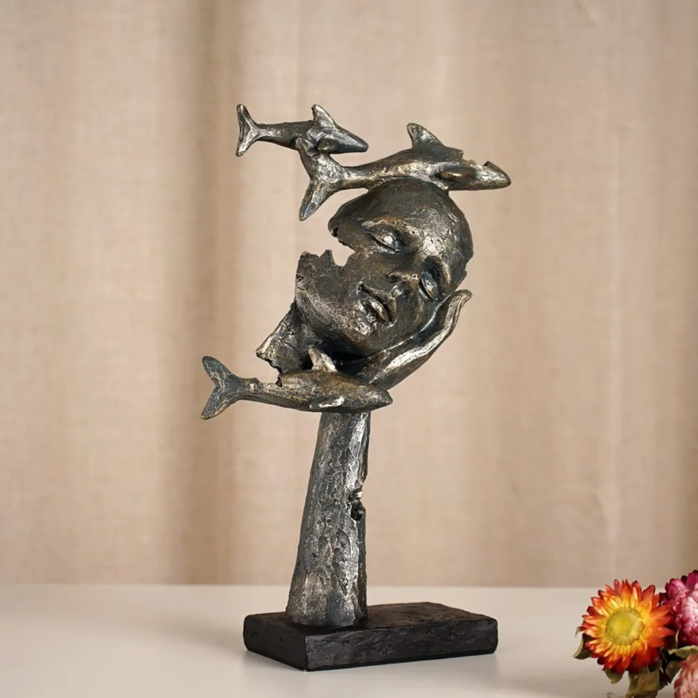 New 11” Female Face Sculpture with Fishes Resin Abstract Human Art Deco Statue-image