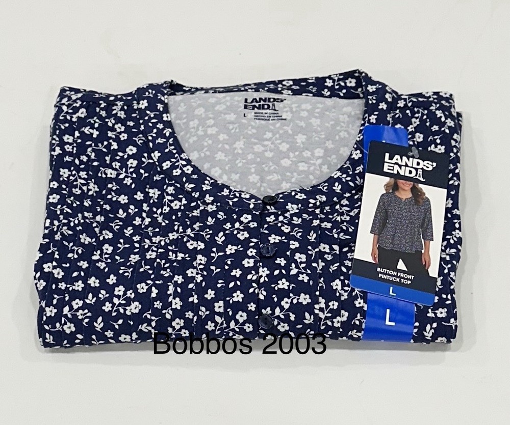 Lands' End Women's Button Front Pintuck Top, Navy, Size L