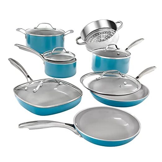Aqua Blue Pots and Pans Set, 12 Piece Nonstick Ceramic Cookware Set, Includes