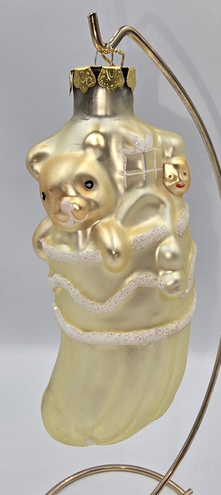 Vintage Blown Glass Stocking Teddy Bear & Doll Golden Christmas Ornament Rare