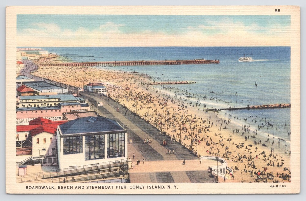 Linen~Air View Boardwalk Beach & Steamboat Pier Coney Island NY~Vintage Postcard