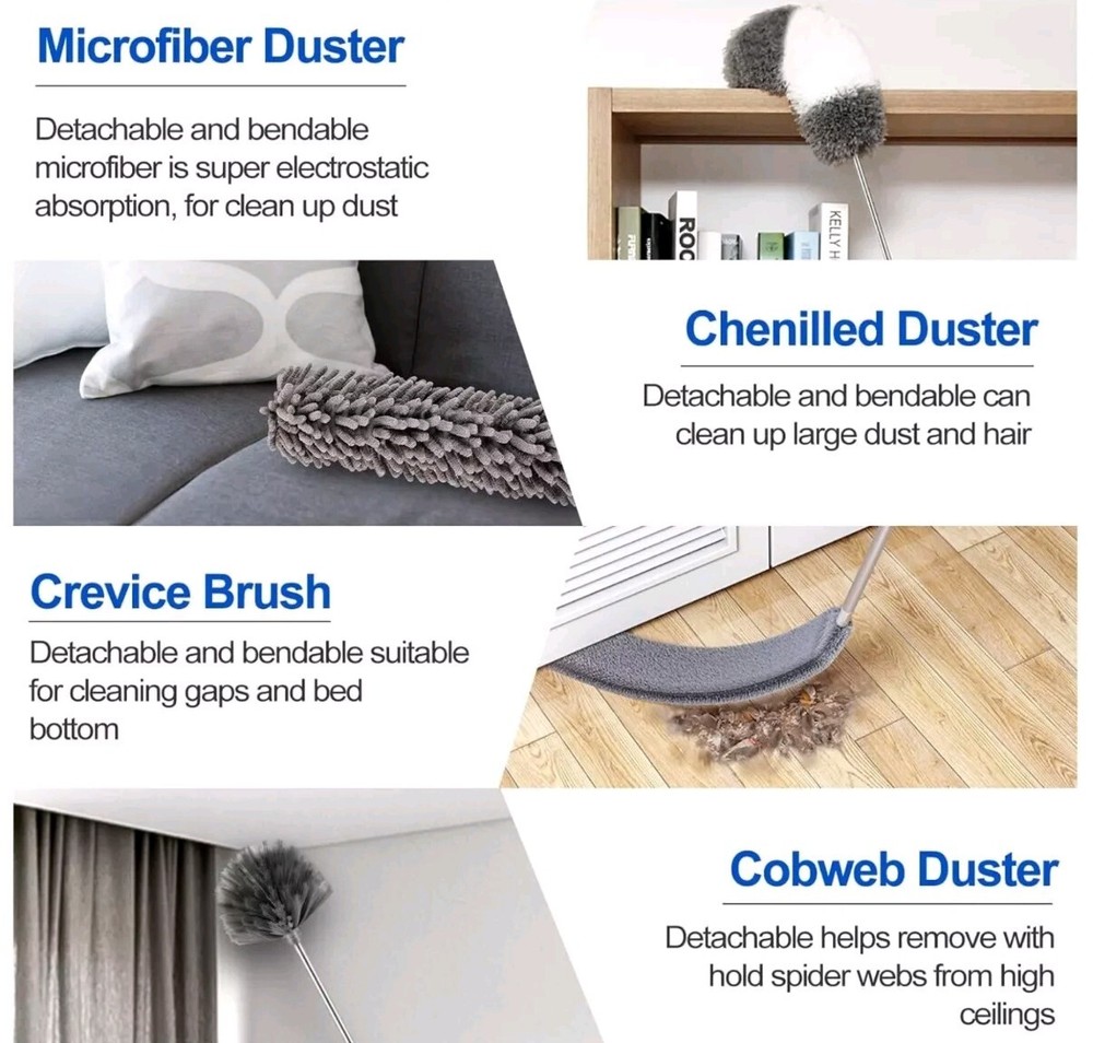 Microfiber Duster Kit - Washable Dusters with Extension Pole (30 to 100in)