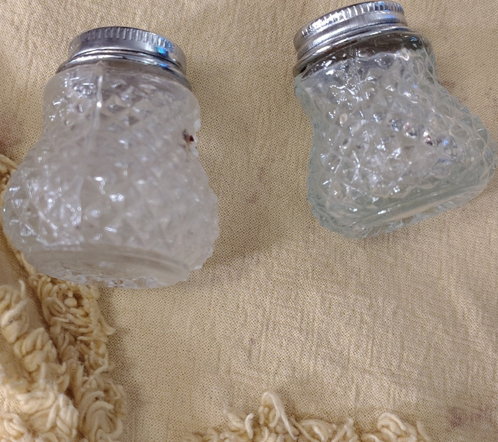 Vintage Manganese Glass Salt & Pepper Shakers, Metal Lids, Diamond Pattern, Pair