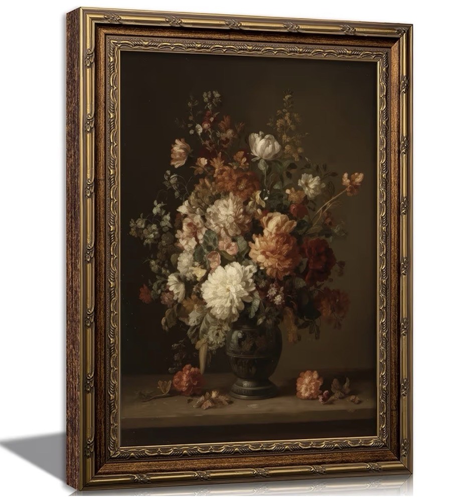 Vintage Gold Framed Dark Moody Floral Canvas Art - Victorian Gothic Flower 12x16