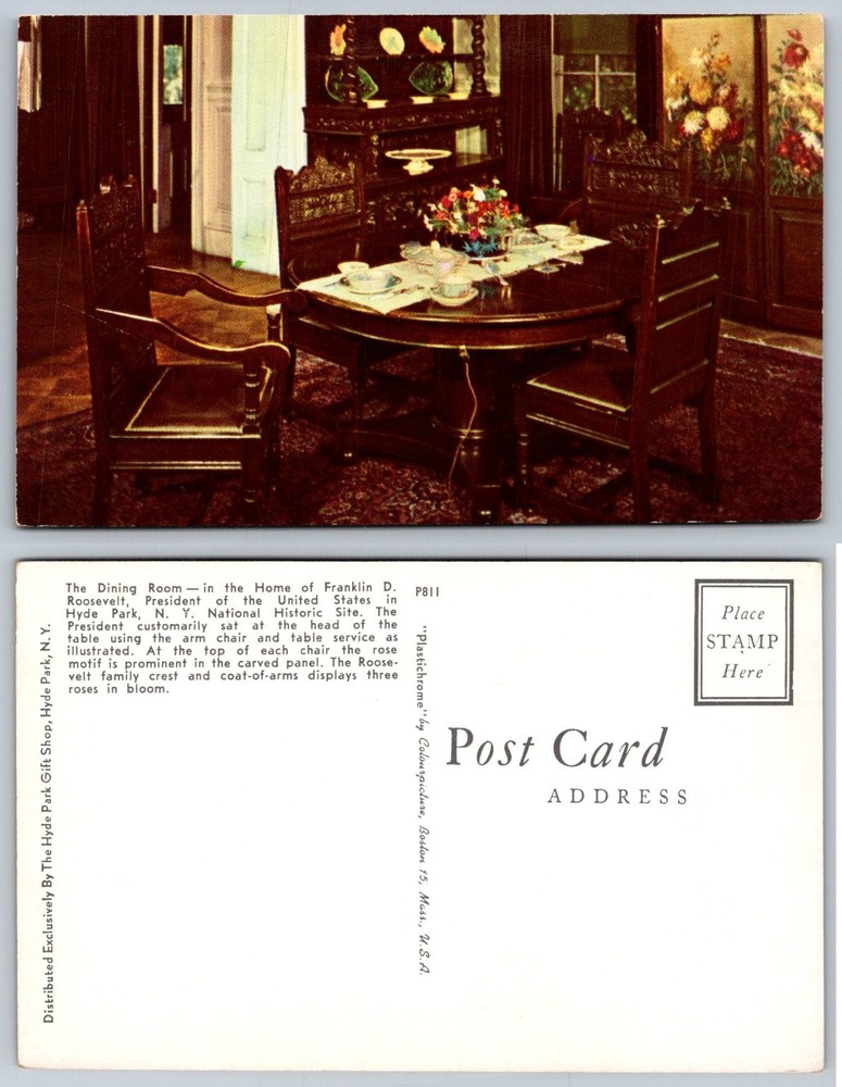 FDR Home Hyde Park NY Dining Room Plastichrome Postcard Roosevelt Historic Site