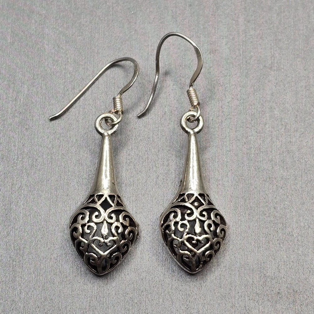 VTG 925 Sterling Silver Filigree Teardrop Dangle Earrings 1.5