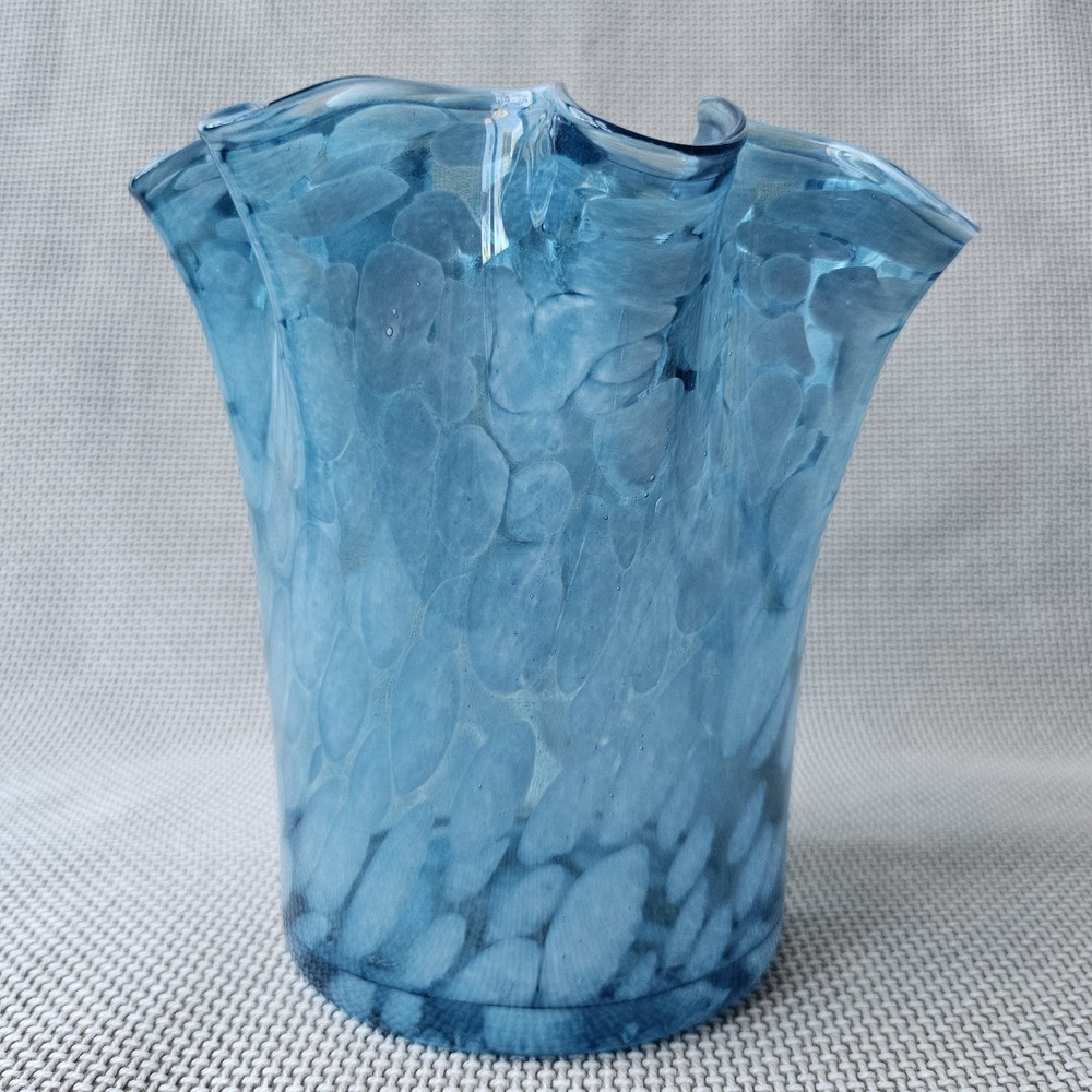 Blue Hand Blown Glass Art Vase Ruffled Decorative Handmade Glossy Finish 7 Inch