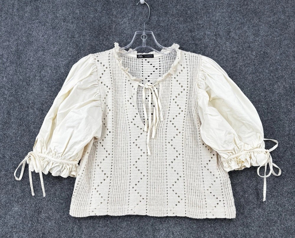 Zara Ivory Boho Peasant Top with Puff Sleeves and Crochet Detail in Poplin Medium