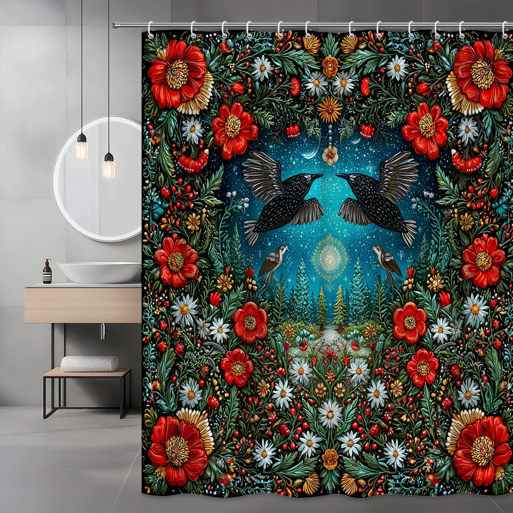 Floral Bird Shower Curtain Forest Night Sky Print