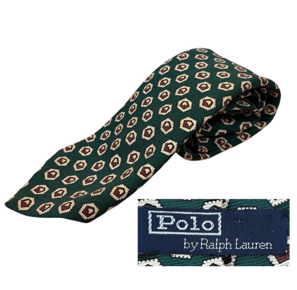 Polo Ralph Lauren Tie Mens Green 100% Silk Geometric Medallion Pattern USA