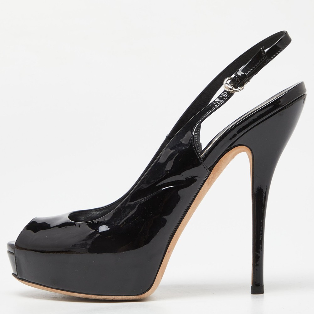 Gucci Black Patent Leather Peep Toe Slingback Sandals Size 38 EU