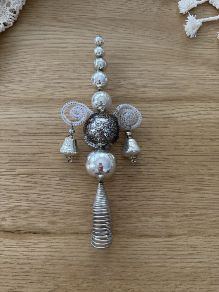 Small Vintage Silver Glass Beaded Wire Wrapped Christmas Tree Topper Ornament