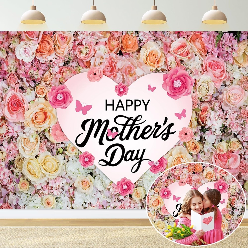 Happy Mother's Day Banner Backdrop 7x5FT Pink Rose Wall Thank Mom Background Mo.