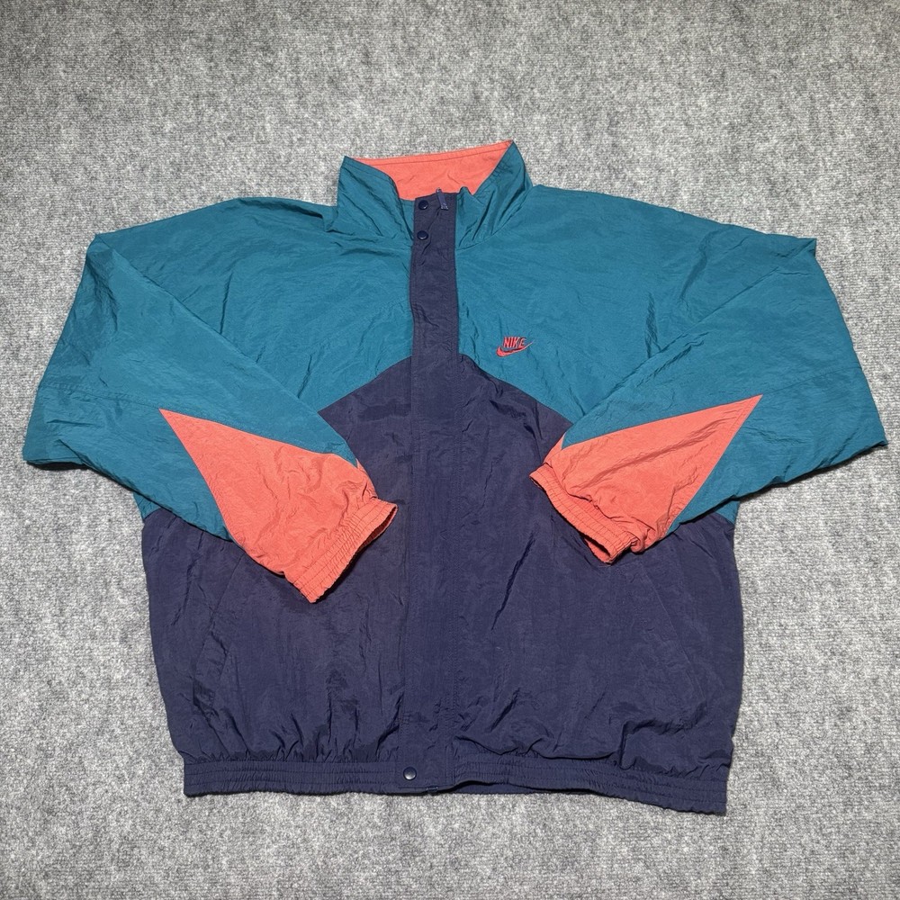 Vintage 90s Nike Windbreaker Navy Green Color Block Jacket Gray Tag Large
