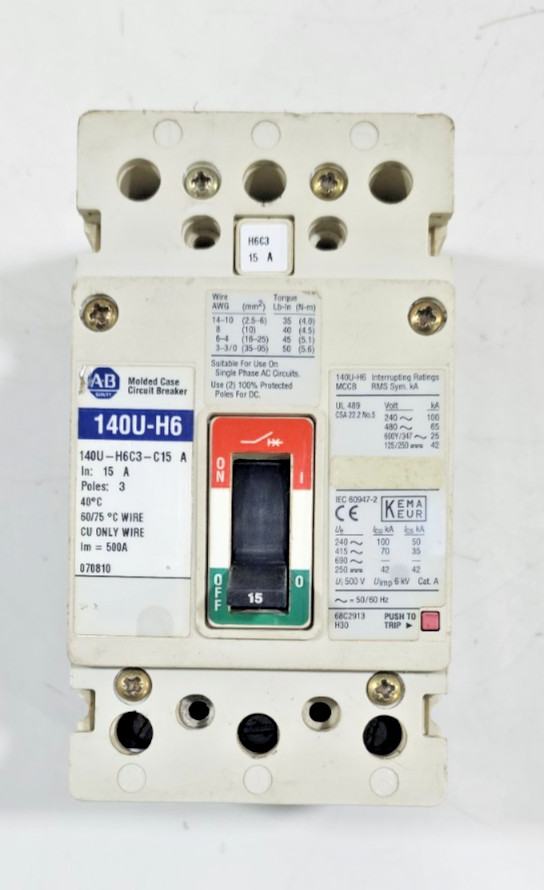 ALLEN BRADLEY MOLDED CASE CIRCUIT BREAKER 140U-H6 C15A 15A 3POLE 65kA 690V USED