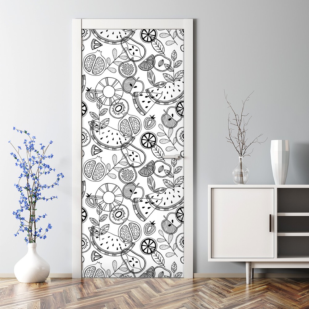 Multi Fruits Bubble Free Nursery Door Decal in Black & White Seamless Pattern  