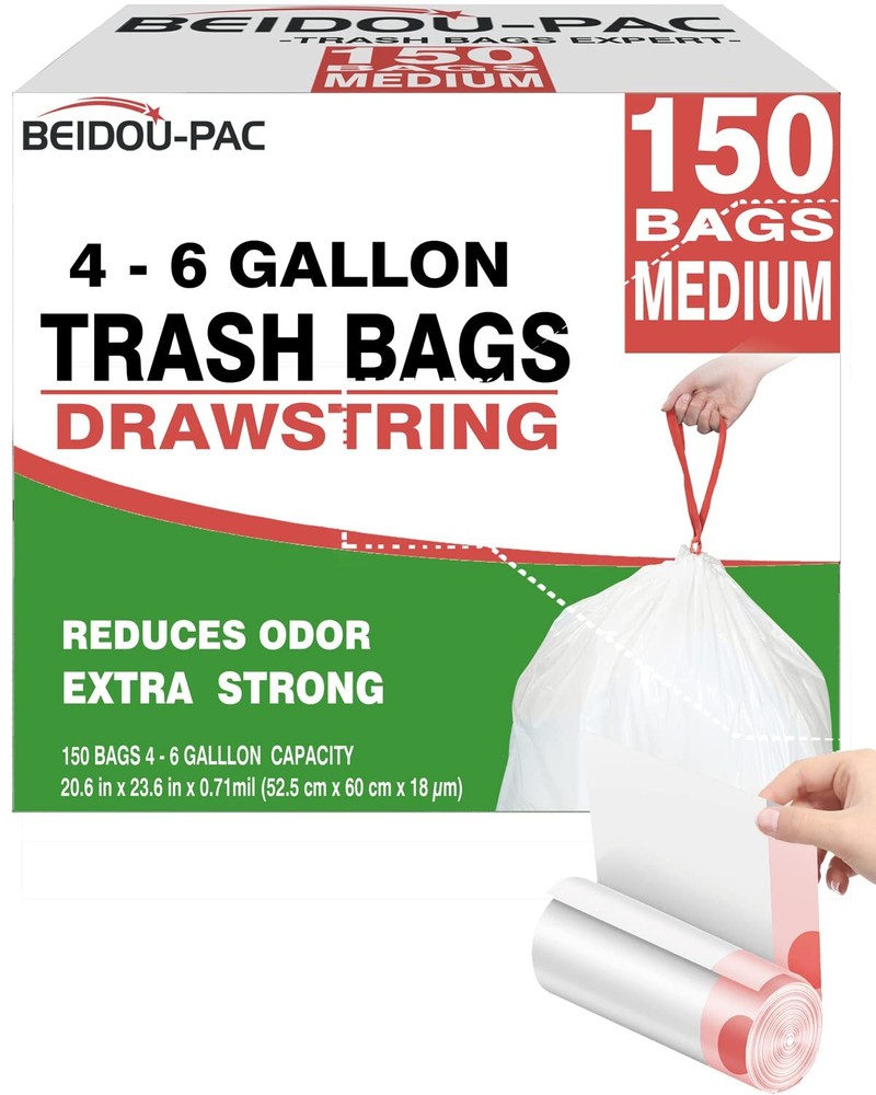 Trash Bags 4-6 Gallon Drawstring, 150 Count, Multifold Roll Garbage Bags, Med...