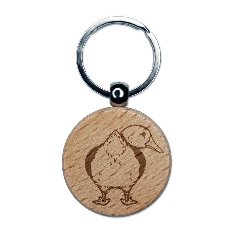 Fluffy Duck Butt Looking Behind Engraved Wood Round Keychain Tag Charm