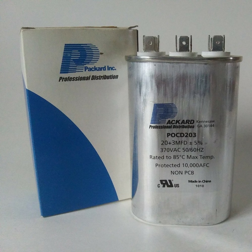 Packard POCD203 20+3 MFD 370V Dual Run Motor Capacitor Oval -40C to 85C 12961