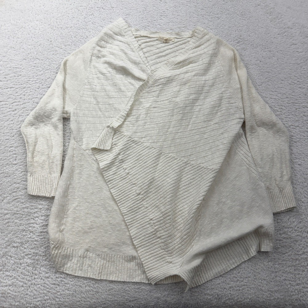 Eileen Fisher Womens Linen Cotton Asymmetrical Wrap Ribbed Knit Cardigan Cream S