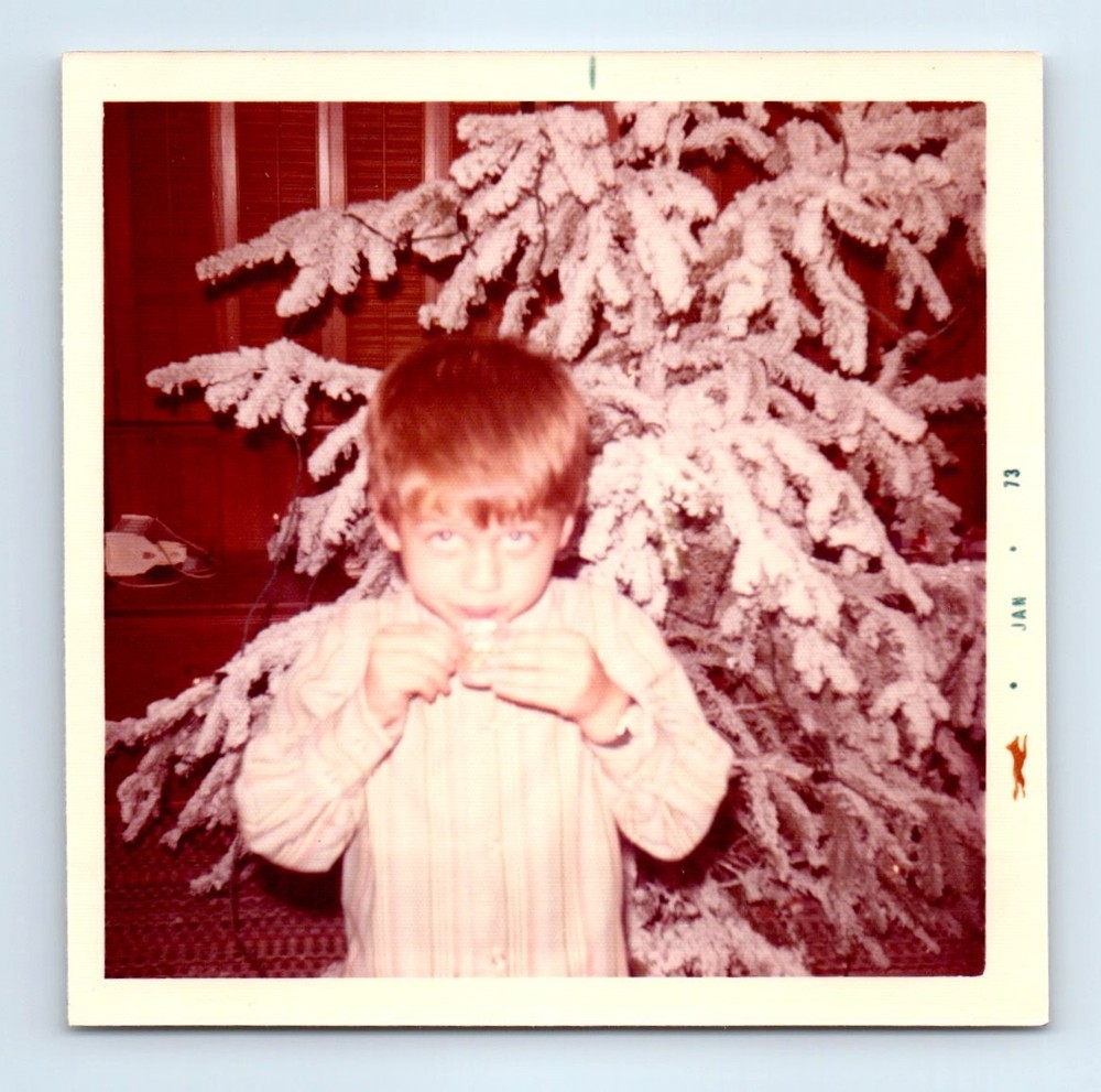 Old Vintage Square Color Photo SOLO BOY BY FLOCKED CHRISTMAS TREE 1973 PICTURE