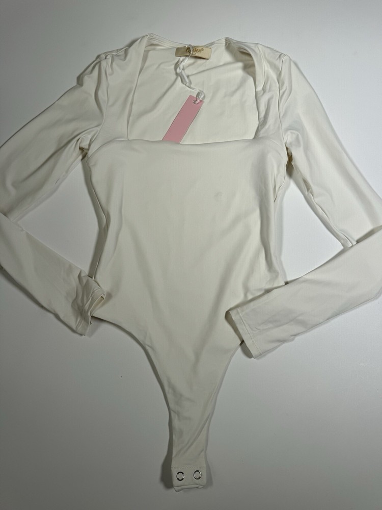 QINSEN Women's Sexy Square Neck Bodysuit Long Sleeve Double Lined Bodysuit SZ XS