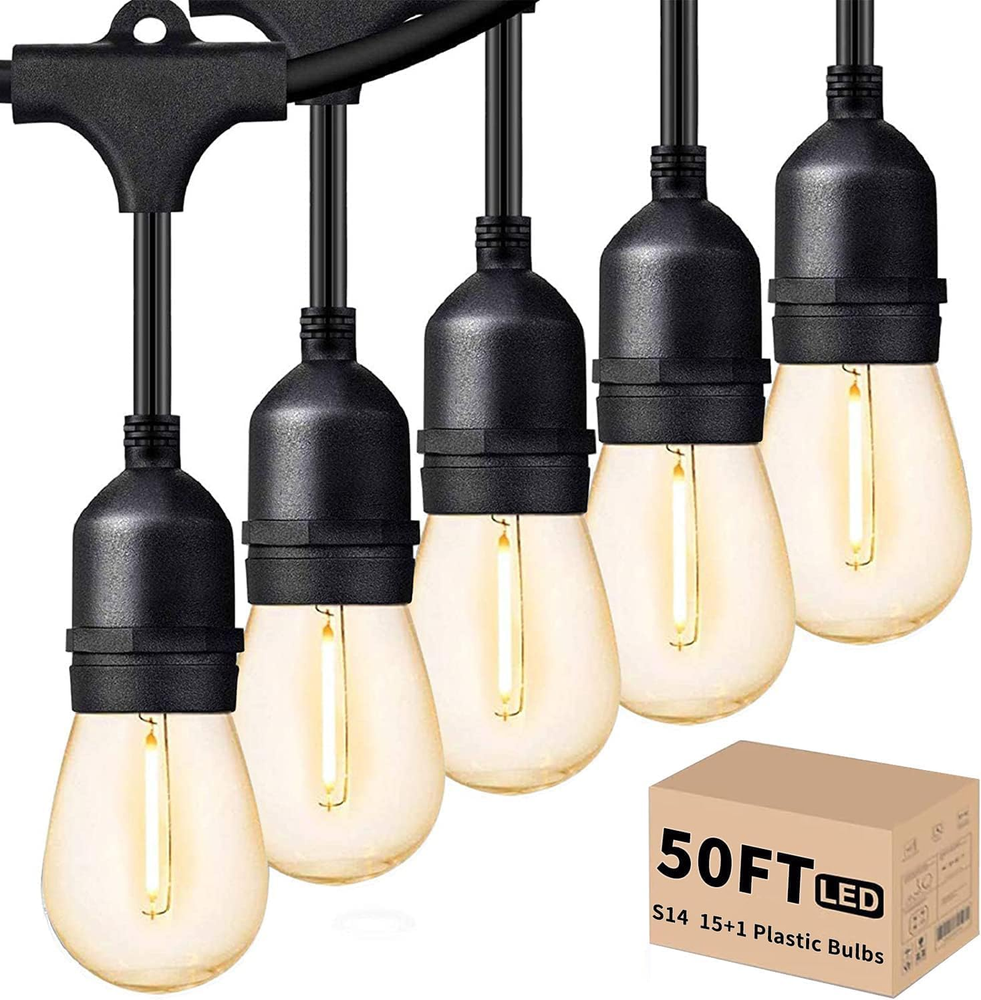 50FT Outdoor LED String Lights with 16 Shatterproof S14 Bulbs for Patio