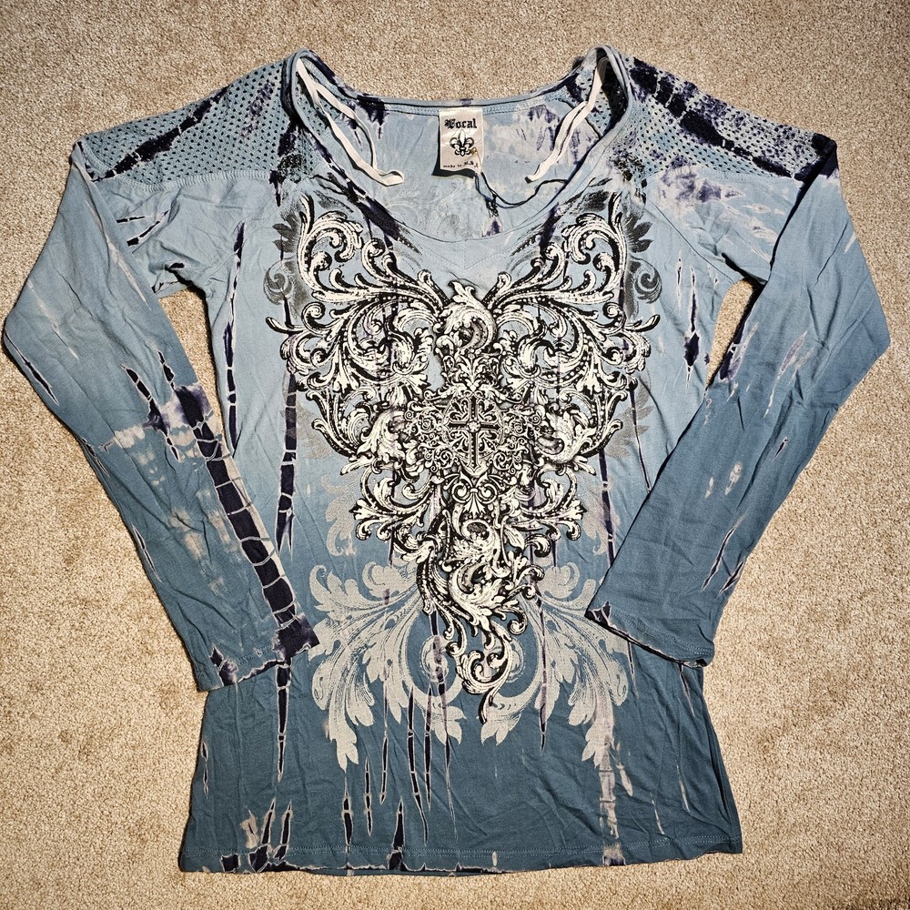 Vtg NOS 90s VOCAL Gothic Cross Rhinestone Top Shirt Mermaid Y2k Grunge Fairy Emo