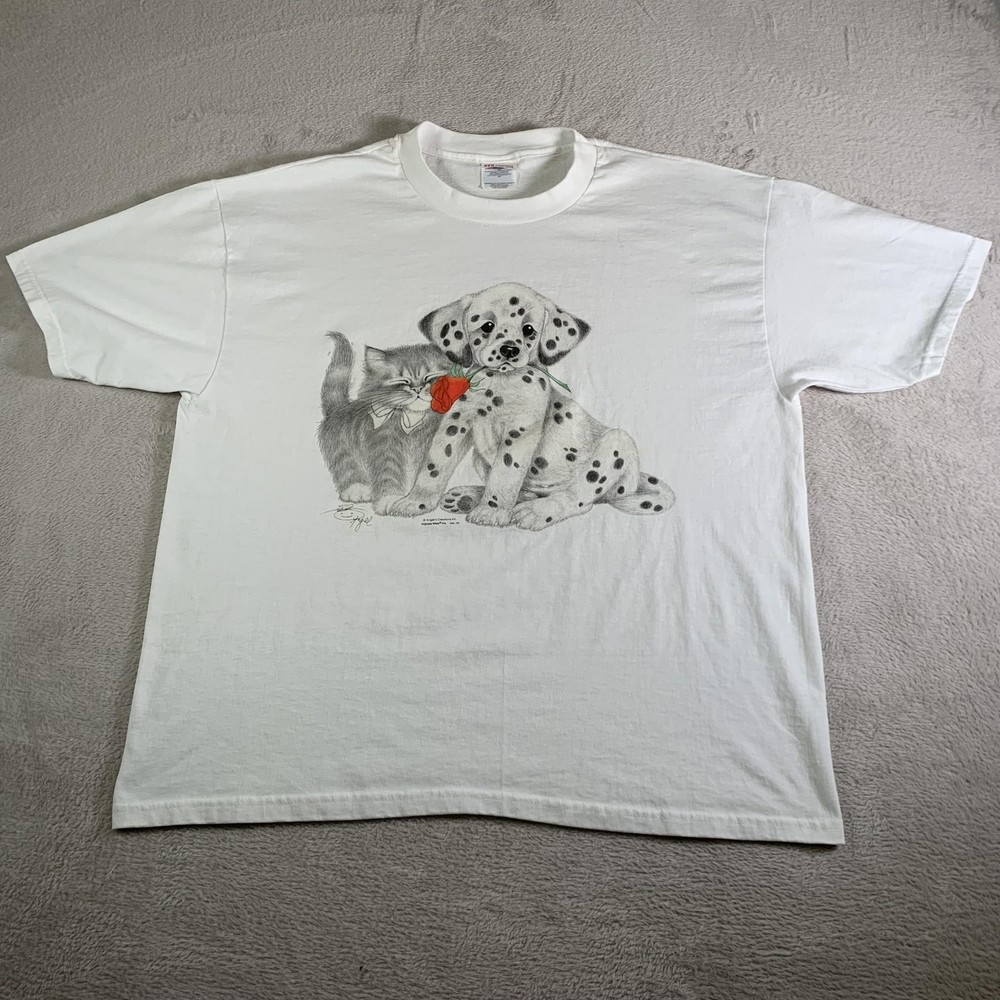 Vintage Hanes Shirt Mens XL White Dalmatian Puppy Cat Graphic Tee 90s 50/50