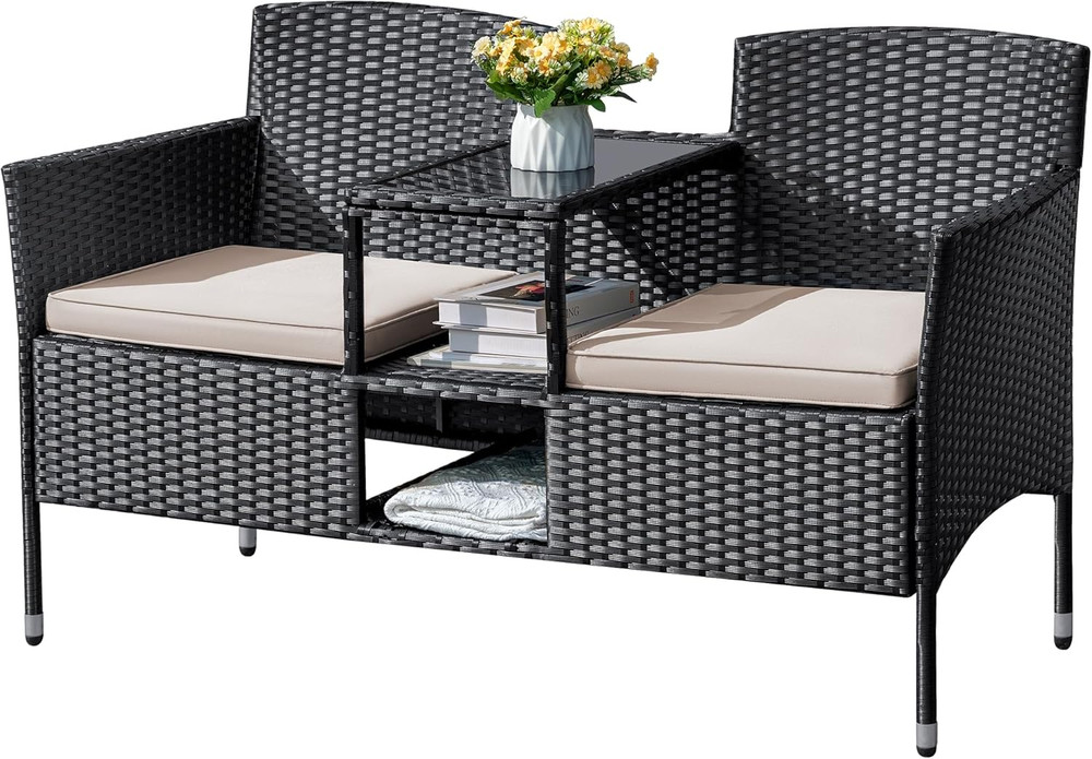Flamaker Outdoor Furniture Patio Loveseat Wicker 2-Seat with Built-In Table and