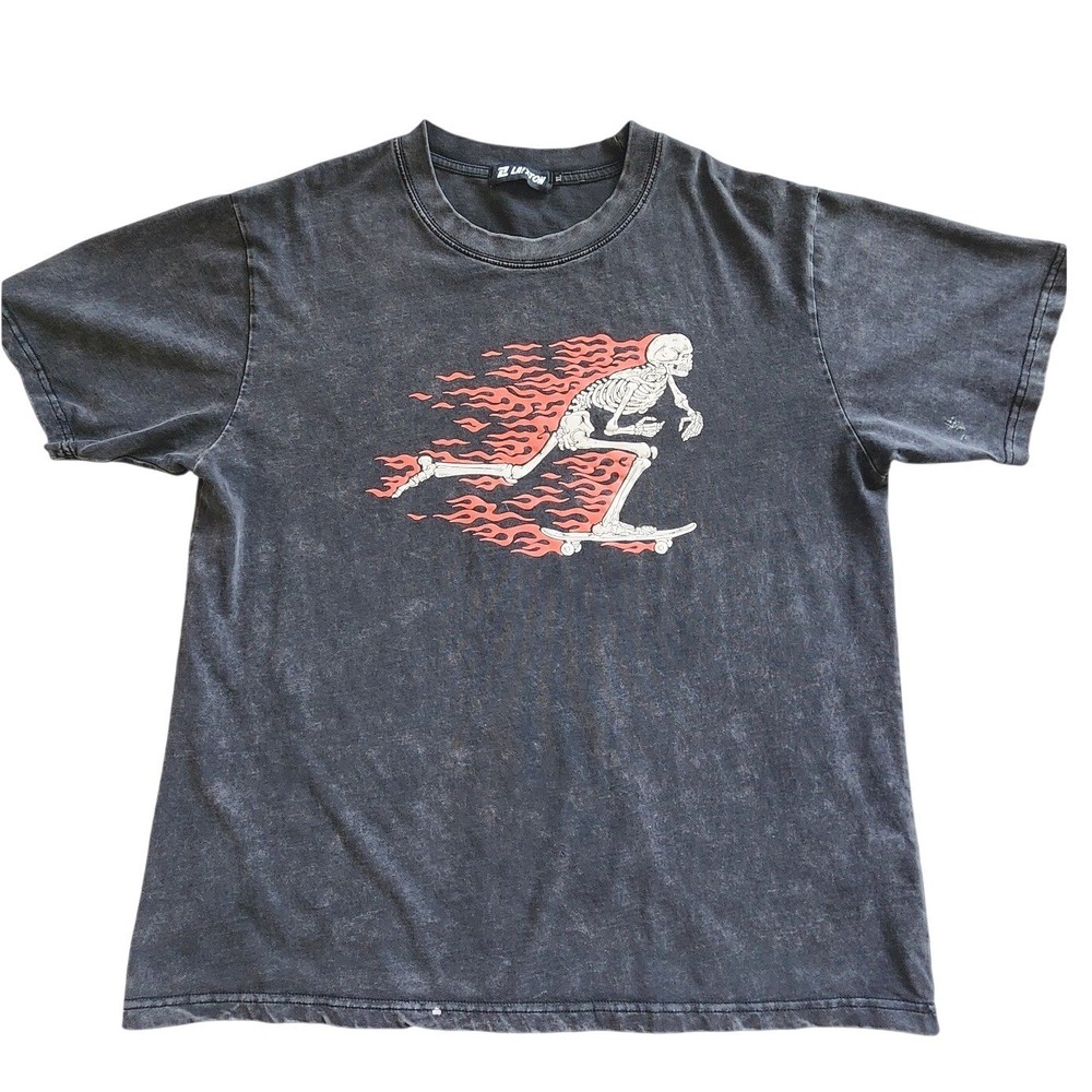 Laxton Skeleton on Fire Skateboard Graphic T-Shirt Acid Wash Black Mens XL