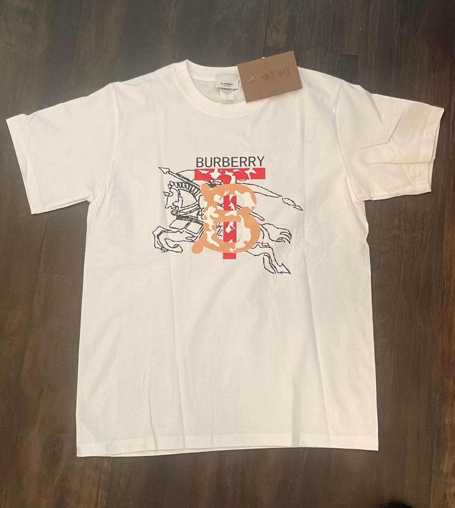 Burberry White Graphic Print Logo Cotton Jersey Men's Crew Neck T-Shirt