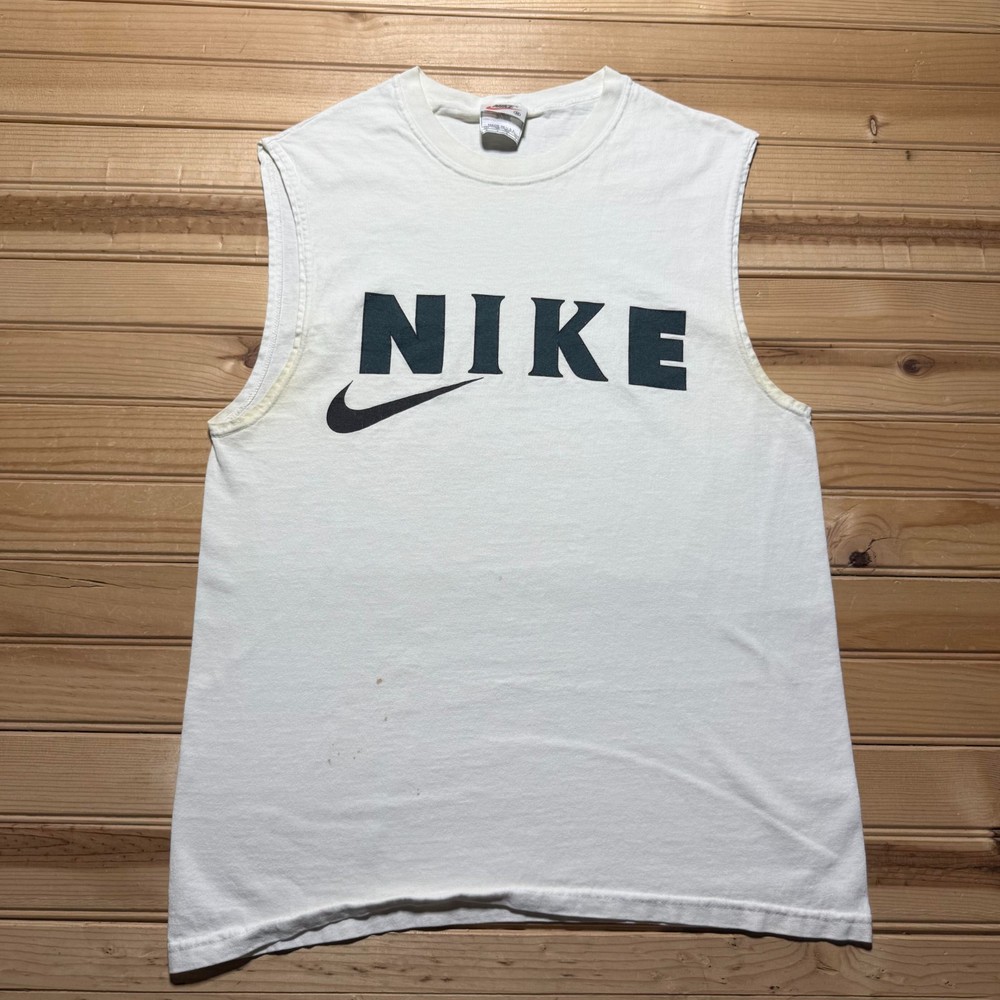 Vintage 90s Nike Sportswear Spellout Big Swoosh Logo Muscle Shirt USA - Medium