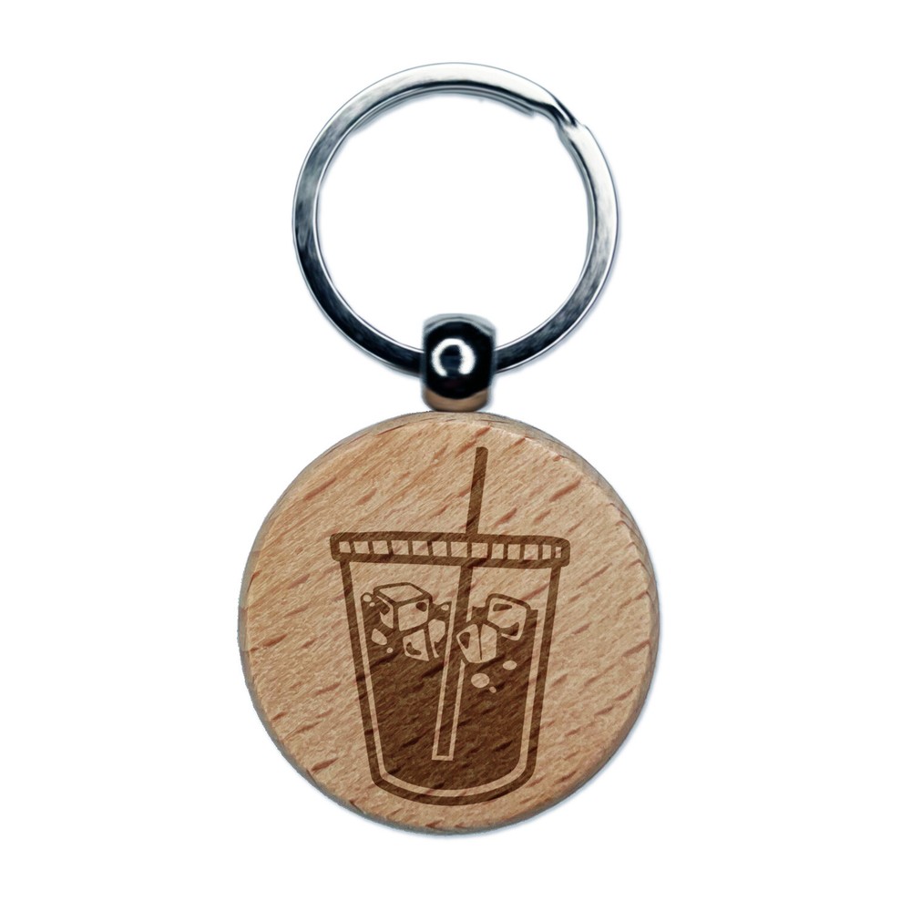 Iced Coffee Drink Engraved Wood Round Keychain Tag Charm