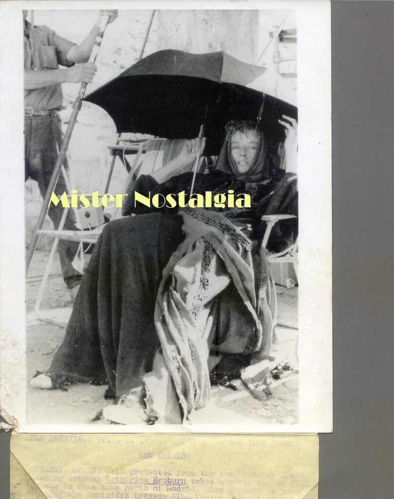 Katharine Hepburn under umbrella in Madrid Spain Trojan Women vintage 1970 photo