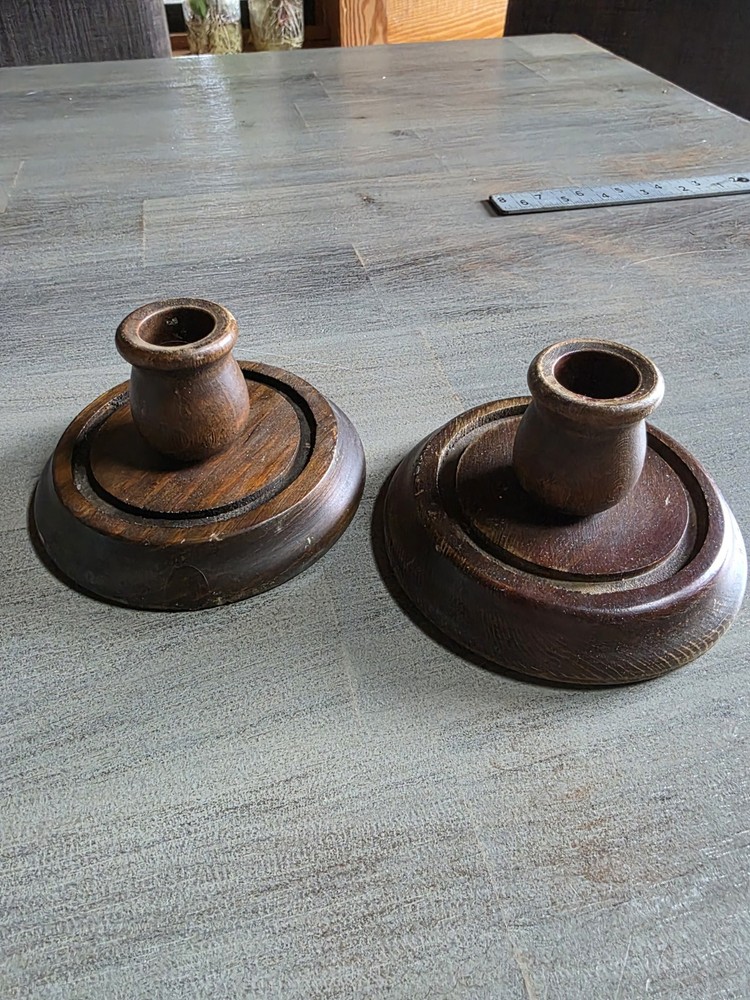 Vintage Primitive Wooden Pair of Turned Rustic Candlestick Holders Farmhouse