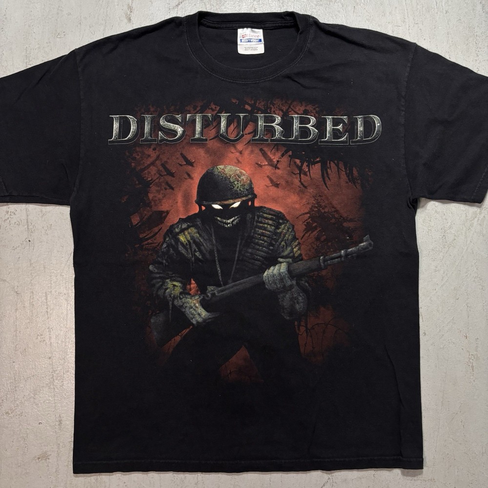Y2K Disturbed Soldier Metal Rock Music Band Post Grunge T Shirt Size L