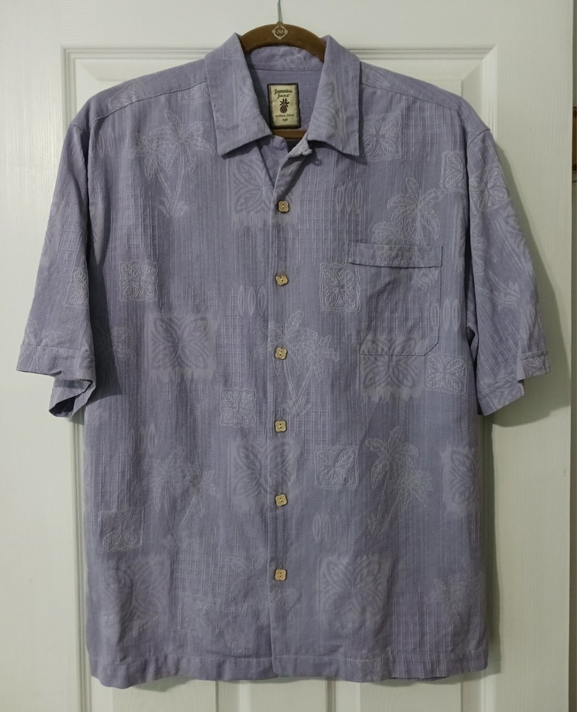Jamaica Jaxx 100% Silk Hawaiian Shirt Mens Short Sleeve Button Up Lavender Large