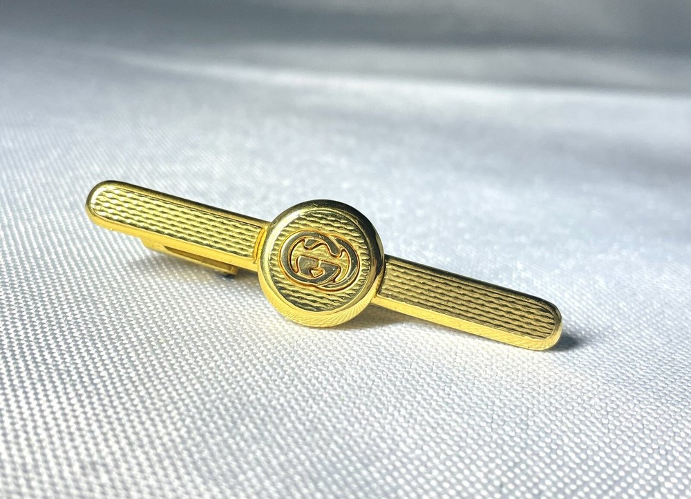 Auth Rare [beautiful] Gucci Tie Pin Interlocking GG Logo Gold Tie Clip Tie Bar